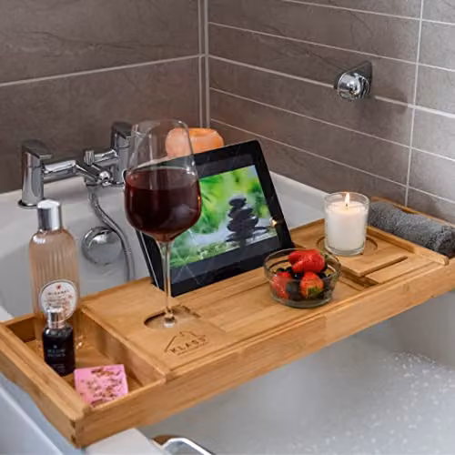 Klass Home Collection Extendable Bamboo Bath Tray Caddy in Brown with Device and Wine Glass Holder – 4