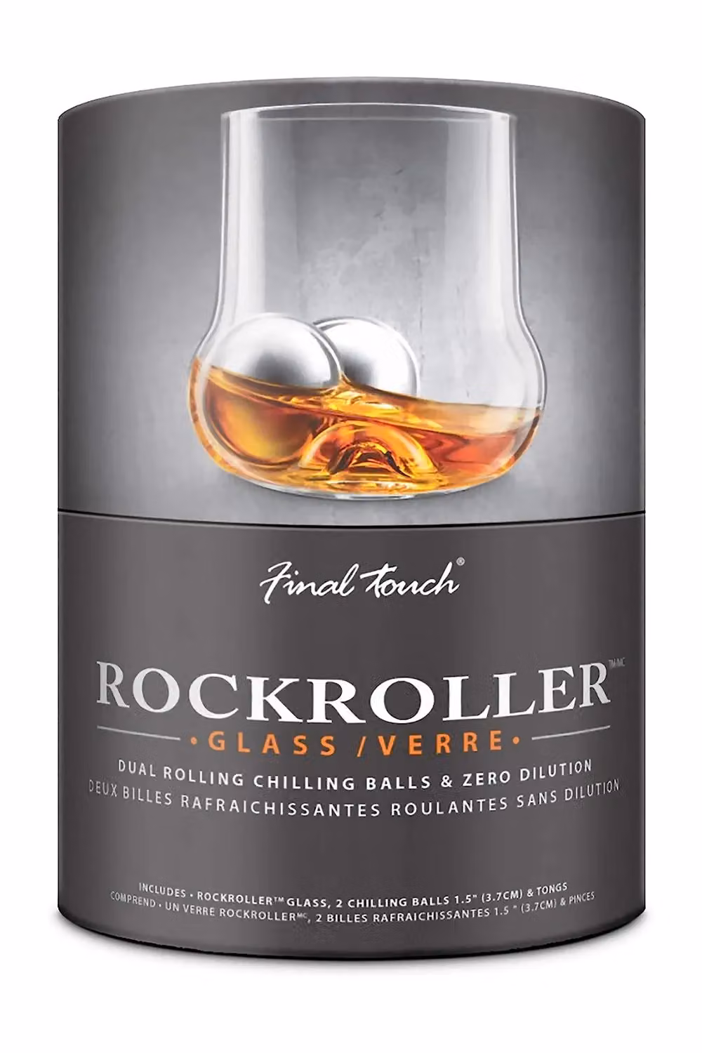 Final Touch Rock Roller Whiskey Tumbler Set with Silver Stainless Steel Ice Chilling Balls and Tongs in Transparent Glass – 2