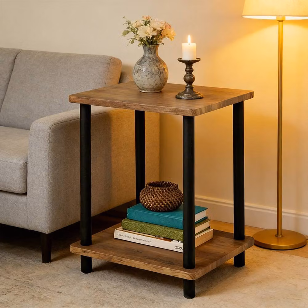 FORGEVIO Small 2-Tier Oak Finish Side Table with Shelf in Brown – 3