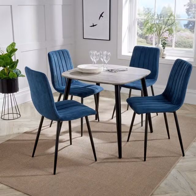 Core Products Ltd Aspen Dining Set with Grey Oak Effect Table and 4 Blue Straight Stitch Chairs