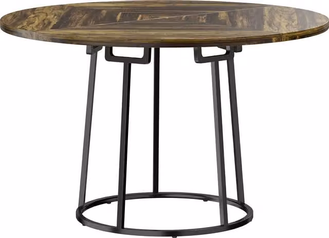 HOMCOM Round Dining Table with Spliced MDF Top and Conical Metal Base, Rustic Brown and Black, Diameter: 120 cm, Height: 75 cm – 1