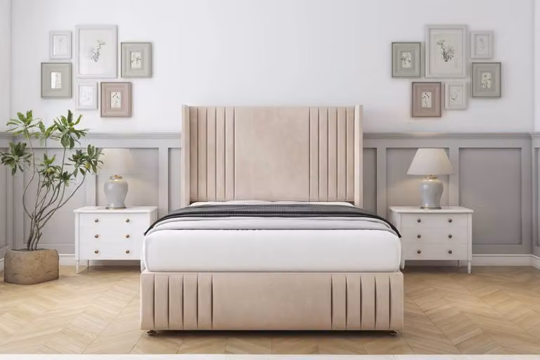 Sloomy Camden Naples Divan Set with Wingback Headboard and Footboard in Light Sand, W/D/H: 120 x 200 x 76.2 cm