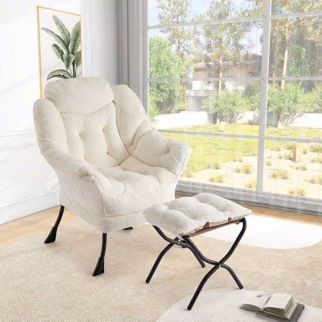 London Boutique Modern Upholstered Reading Accent Chair with Ottoman in Beige