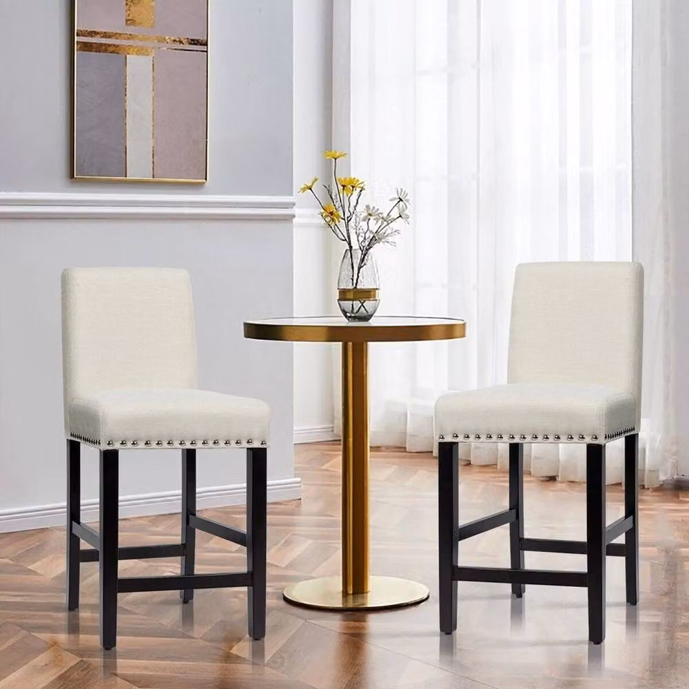 KORVIXA 2-Pack Mid-Century Beige Fabric Counter Height Bar Stools with Rubberwood Legs – 3