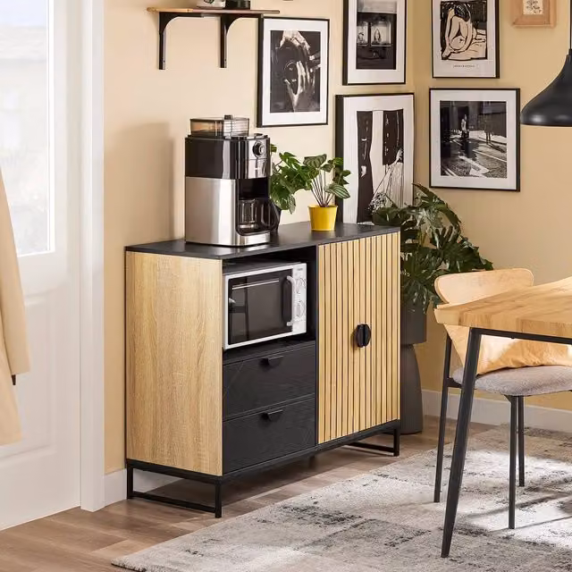 SoBuy Modern Space-Saver Kitchen Sideboard in Light Oak and Black with Soft-Close Drawers