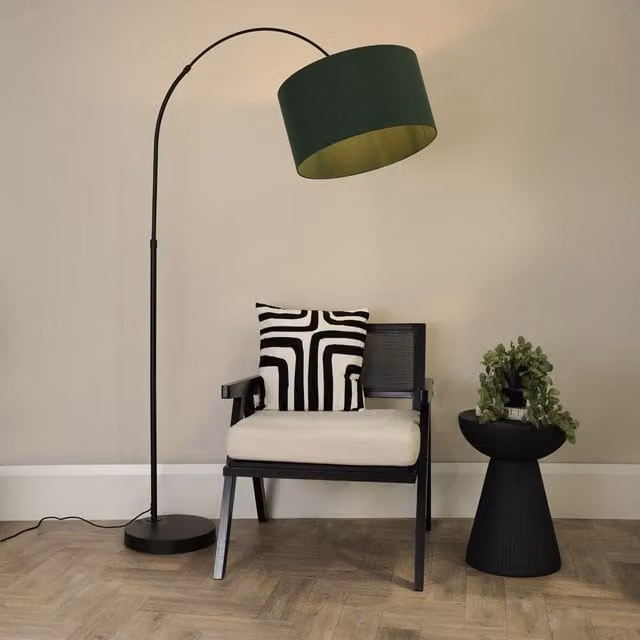 ValueLights Louis Black Arched Metal Floor Lamp with Green Fabric Drum Shade and LED Bulb