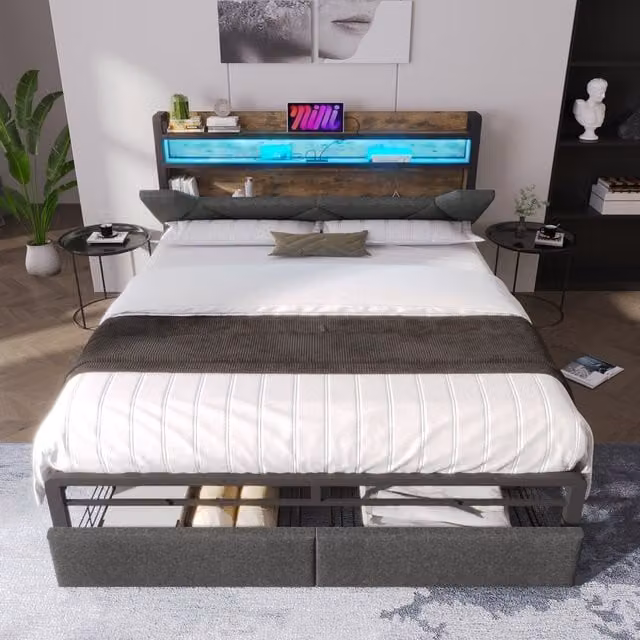 Aosom UK Upholstered Double Bed with Smart LED Lighting, USB Type-C Charging and Storage Drawers, Grey, L: 208 cm, W: 137 cm, H: 110 cm