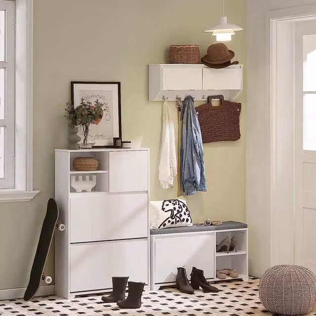 SoBuy Modern White Upholstered Shoe Rack Bench with Fabric Seat