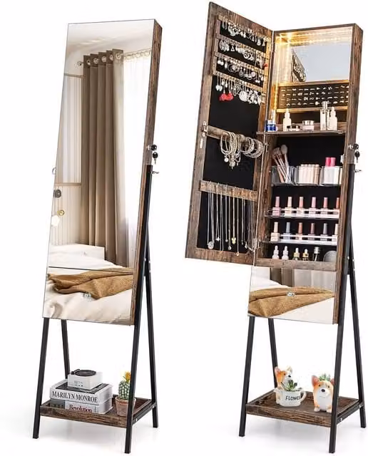Costway Freestanding Brown Jewellery Cabinet with Integrated LED Lighting, Mirror on Door and Lock