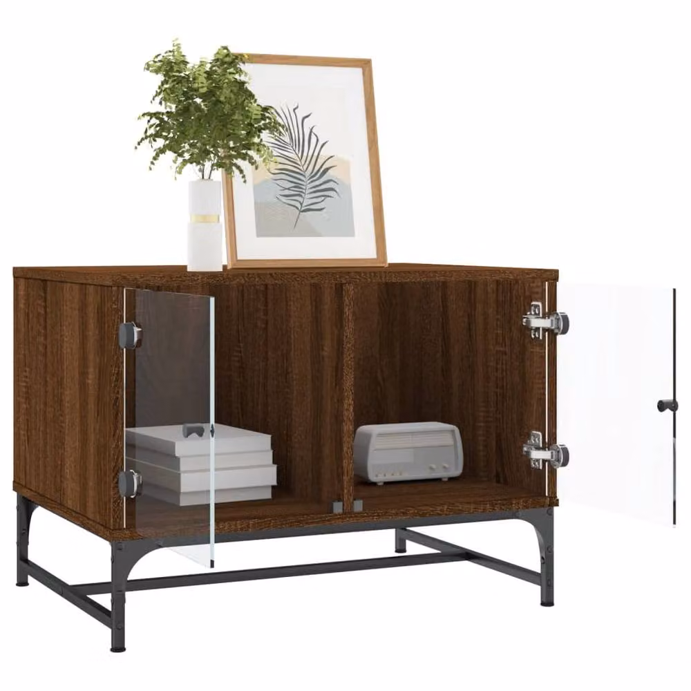 Berkfield Home Modern Coffee Table with Glass Doors in Brown Oak, W/D/H: 68.5 x 50 x 50 cm – 4