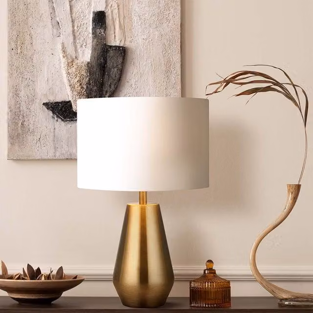 Lighting Collection Pair of Modern Touch Table Lamps with Brass Base and Cream Fabric Cylinder Shade – 2