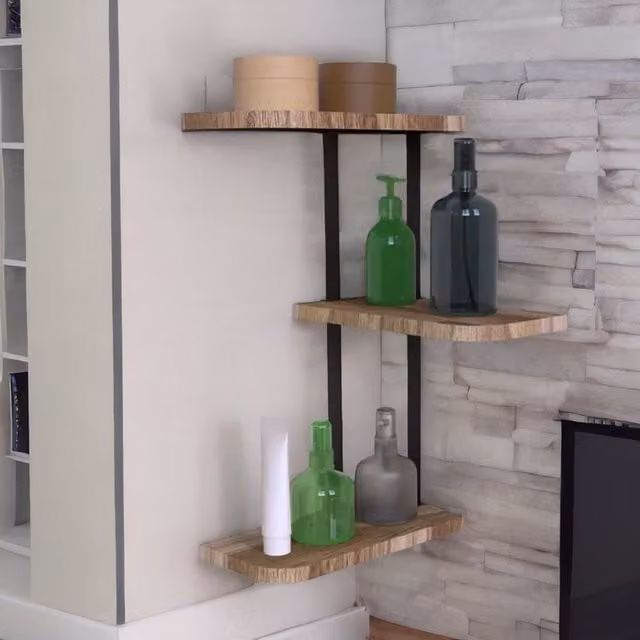 Pirlo Plush 3 Tier Wall Mounted Floating Corner Shelf in Rustic Brown – 1