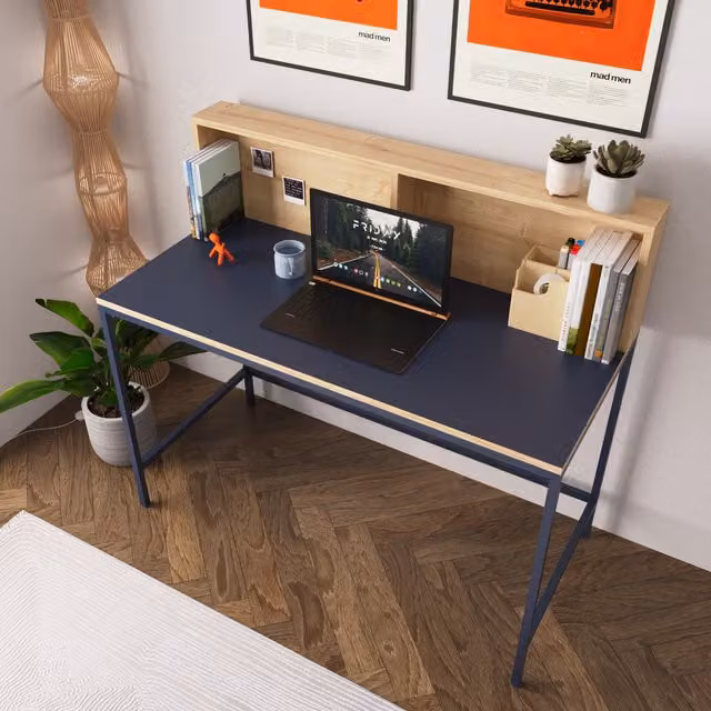 Bimossa Modern Writing Desk in Oak and Blue
