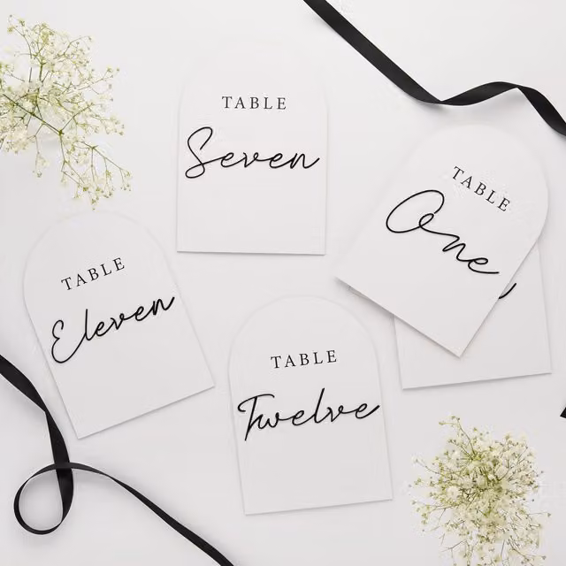 Club Green Monochrome Arch Card Table Numbers with Acrylic 3D Letters, Pack of 12, White and Multicolour
