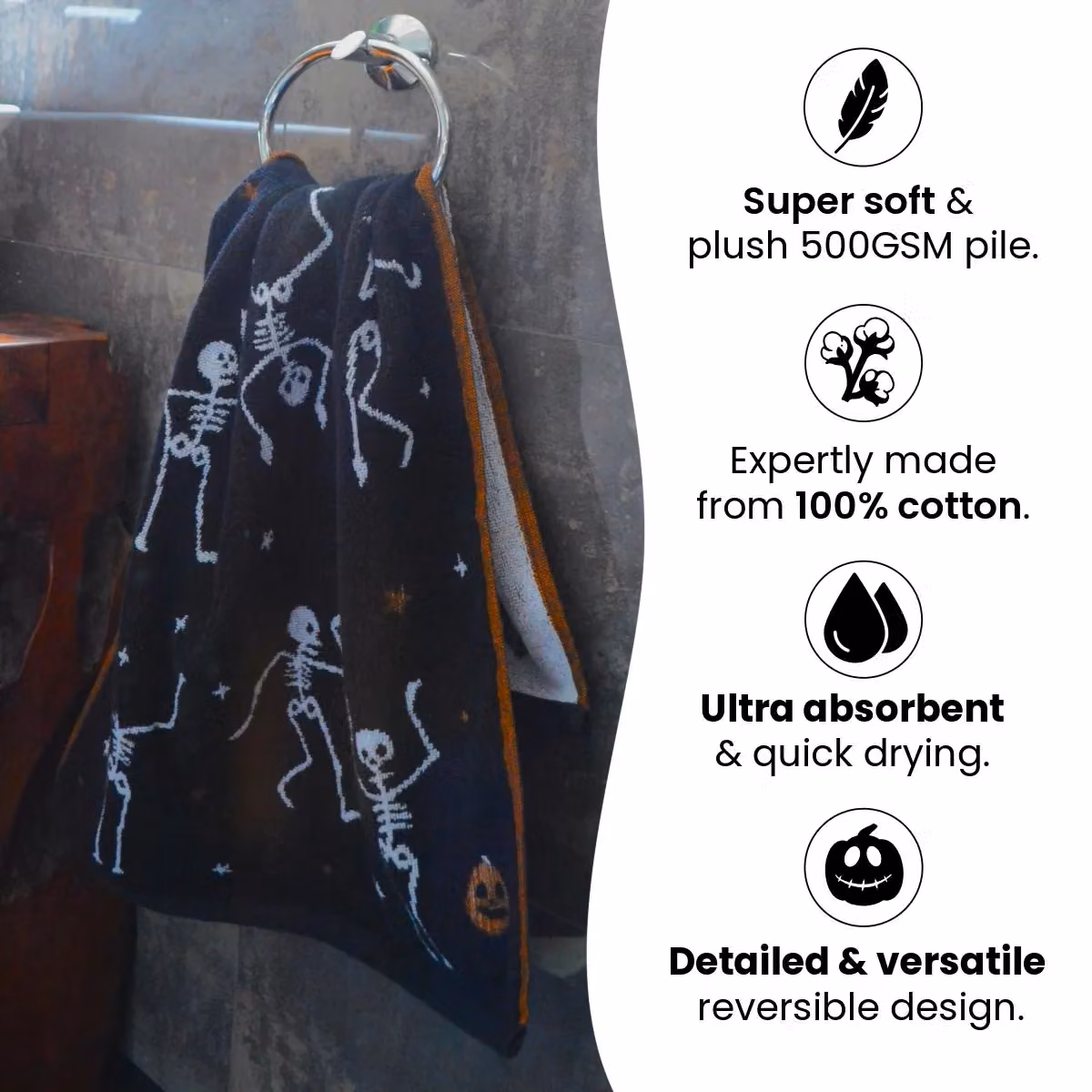 Allure Bath Fashions Luxury Halloween Hand Towels in Black 100% Cotton – 6