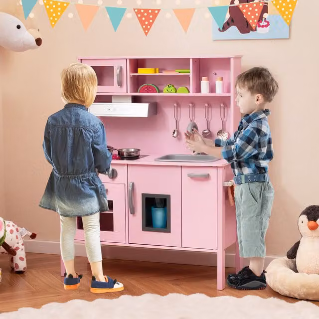 Costway Kids Pretend Play Kitchen in Pink, BPA-Free Plastic