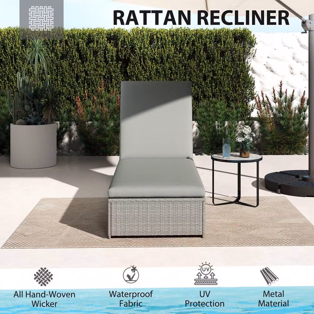 OUTSUNNY Adjustable Rattan Sun Lounger in Light Grey, W: 190 cm, D: 60 cm, H: 60 cm – 3
