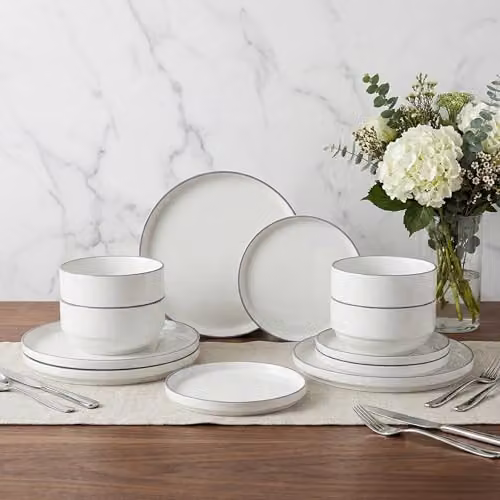 Waterside 12-Piece White and Purple Rim Stackable Porcelain Dinner Set – 3