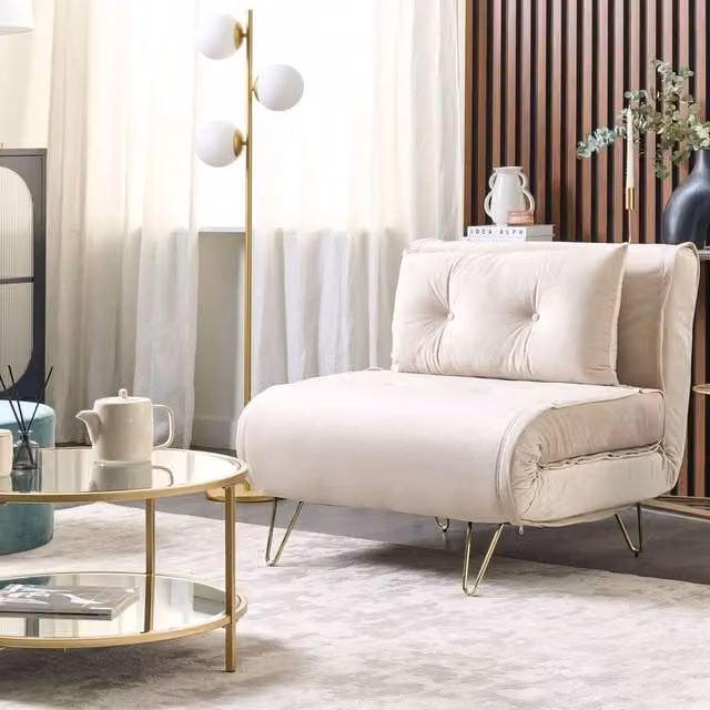 Wyld Haus Beige Velvet 1-Seater Sofa Bed with Gold Metal Legs – 1
