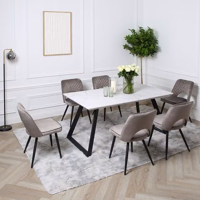 Home Garden Direct Venice Dining Set with Marble-Effect Rectangular Table and 6 Grey Chairs