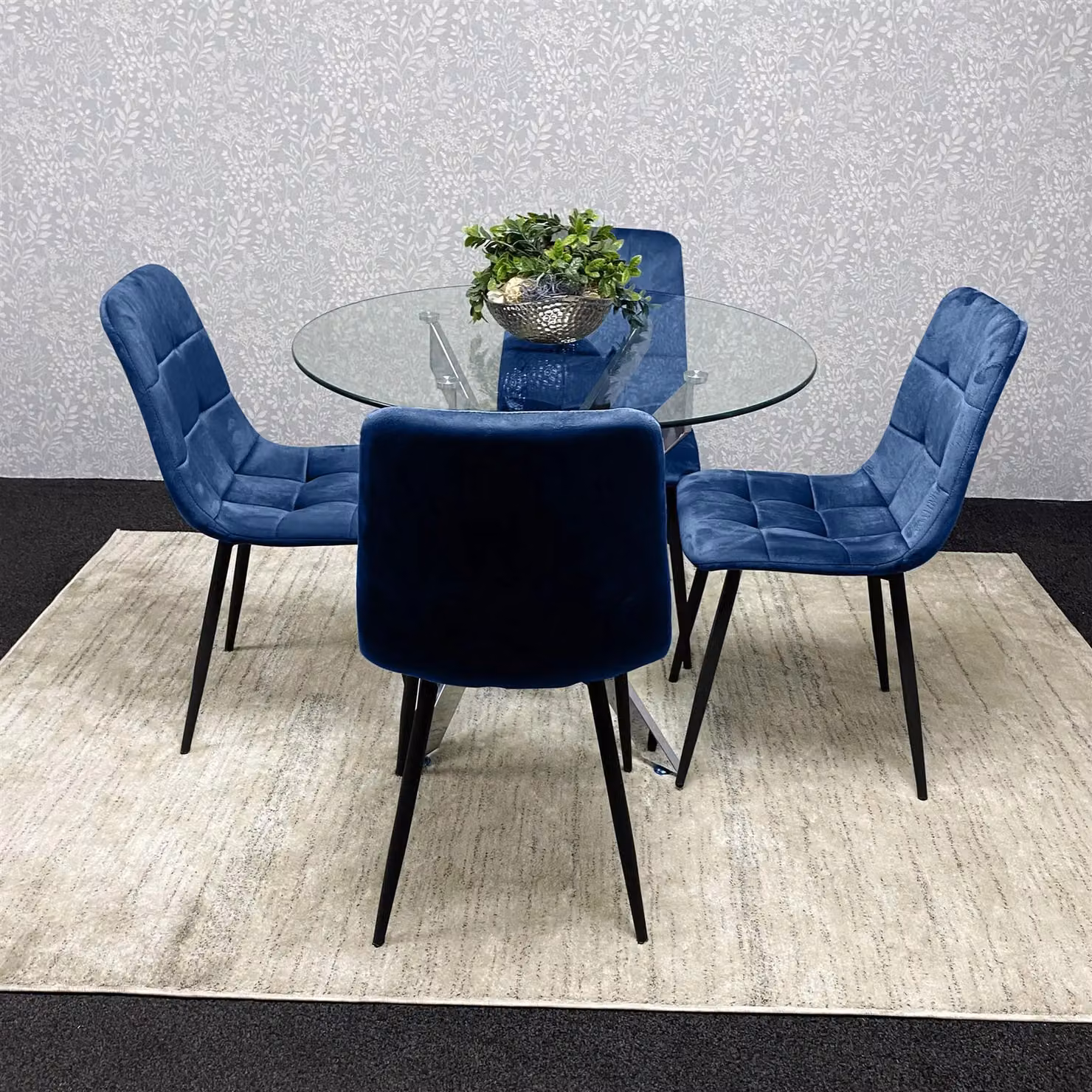 KOSY KOALA Round Glass Dining Table and 4 Blue Velvet Chairs Set in Brown – 2