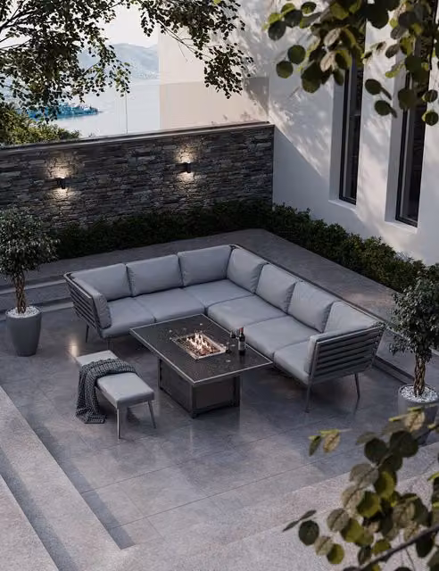 Royalcraft Mayfair L-Shape Garden Firepit Lounge Set in Grey with Powder Coated Aluminium Frame and Upholstered Cushions