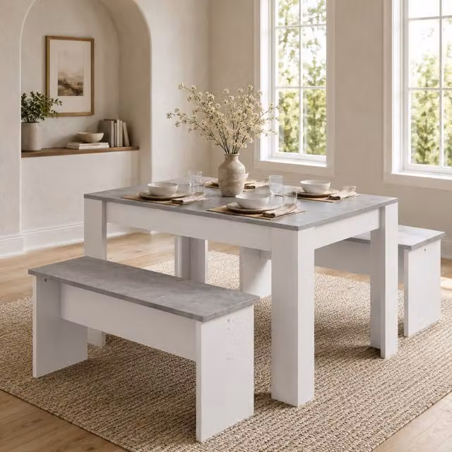 Abrihome Modern Rectangular Dining Table Set with 2 Benches in Grey and White