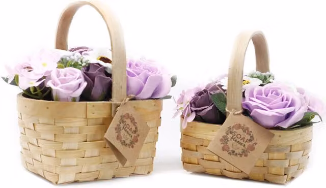 KDMK Rustic Rattan Wicker Basket with Purple and Blue Floral Tabletop Arrangement