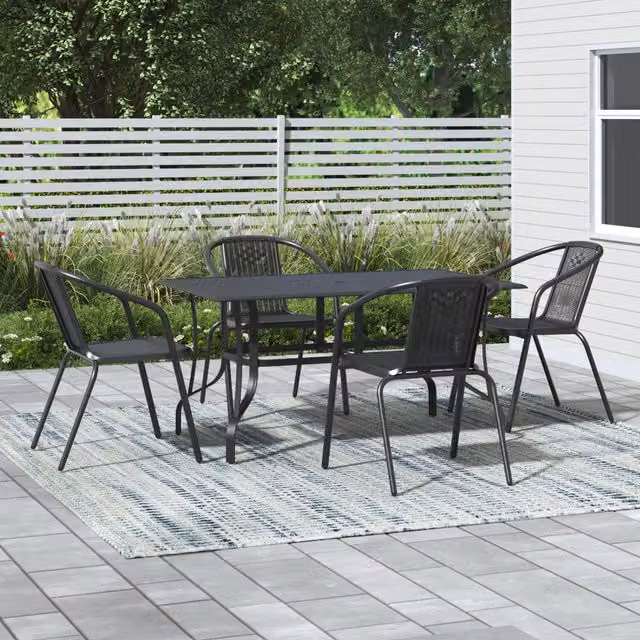Breeins Modern Black Metal Slatted Coffee Table Set with 4 Rattan Chairs and Parasol Hole