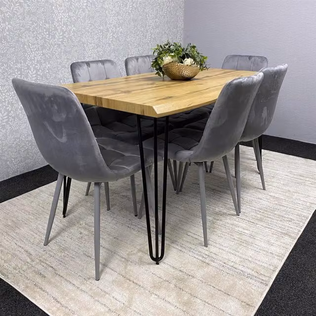 Kosy Koala Rustic Rectangular Wood Dining Set with 6 Chairs in Grey and Black, W: 117 cm