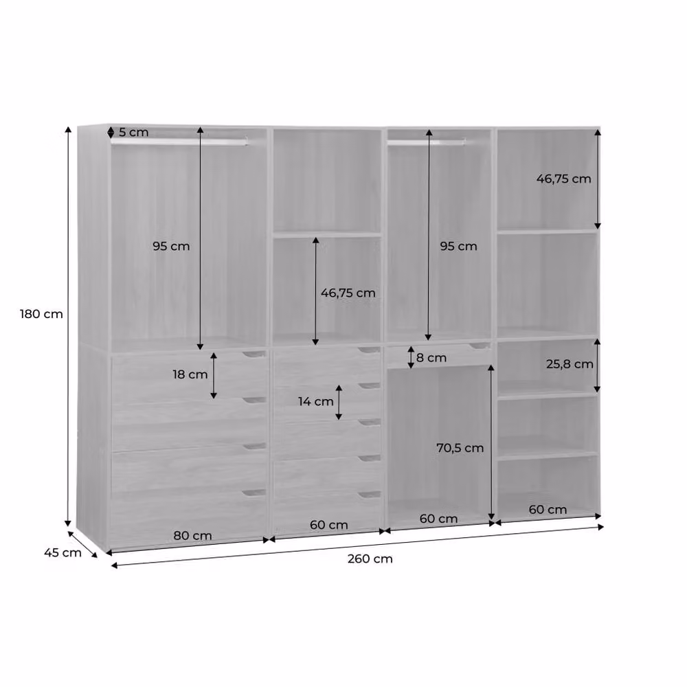 sweeek Modular Wardrobe Kit in White with 4 Units, Internal Drawers, Shelves and Hanging Rod, W/D/H: 260 x 45 x 180 cm – 2