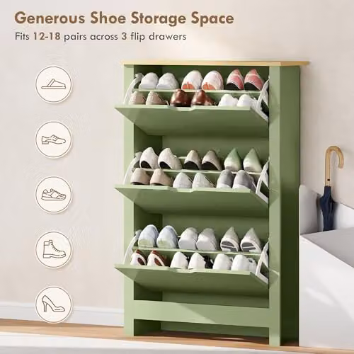 HOMCOM Green Slim Shoe Storage Cabinet with Tilting Compartments and Internal Shelves, W/D/H: 72 x 26 x 112 cm – 4