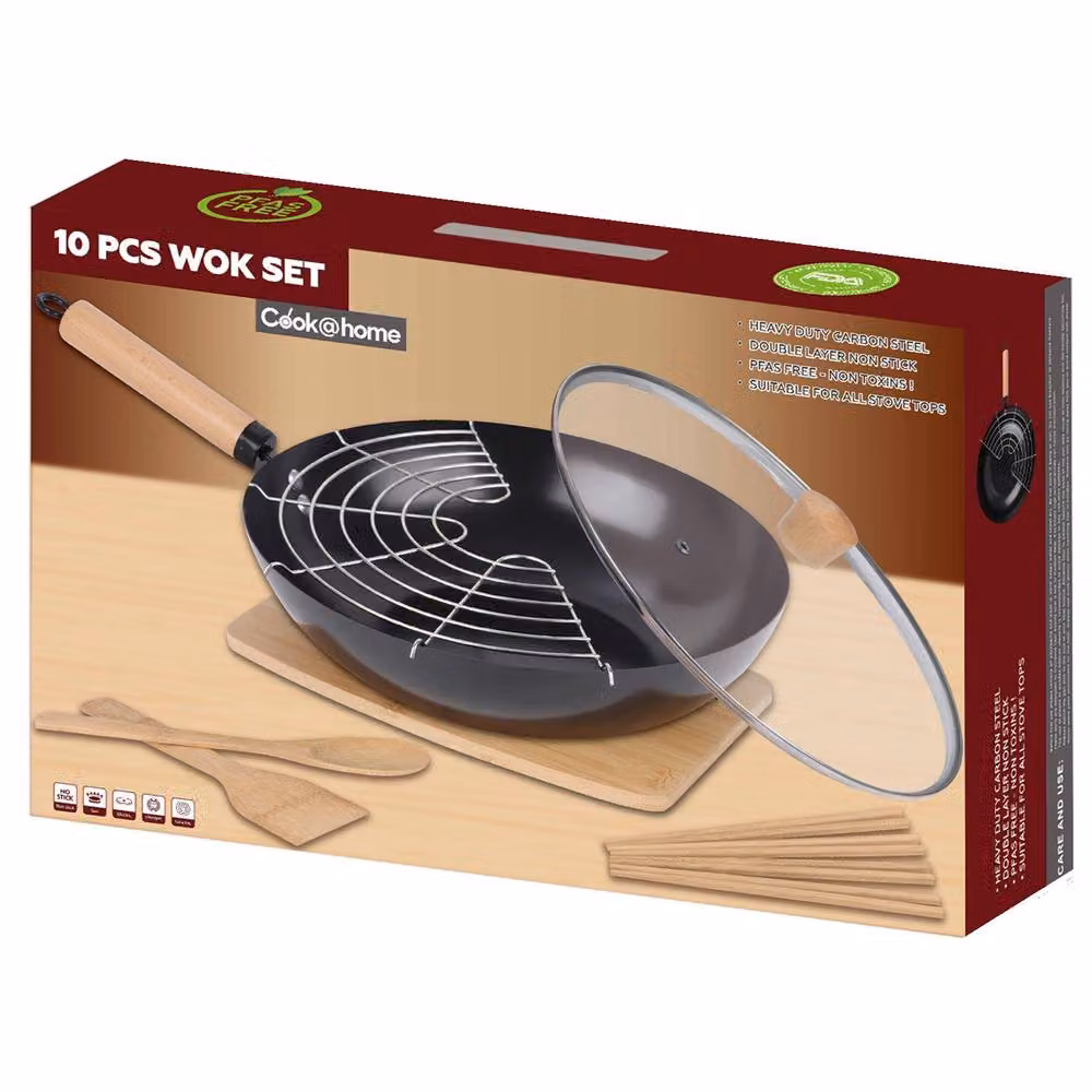 Gr8 Home 10-Piece Non-Stick Carbon Steel Wok Pan Gift Set with Lid in Black – 3