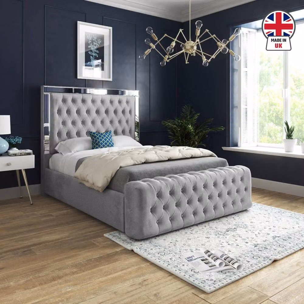 KDMD Wimborne King Size Mirror Upholstered Designer Bed Frame in Grey Soft Velvet – 3