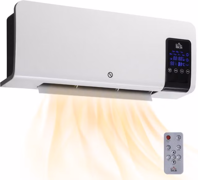 HOMCOM White Wall Mounted Ceramic Fan Heater, 2000W with Remote Control, Timer and Overheat Protection – 1