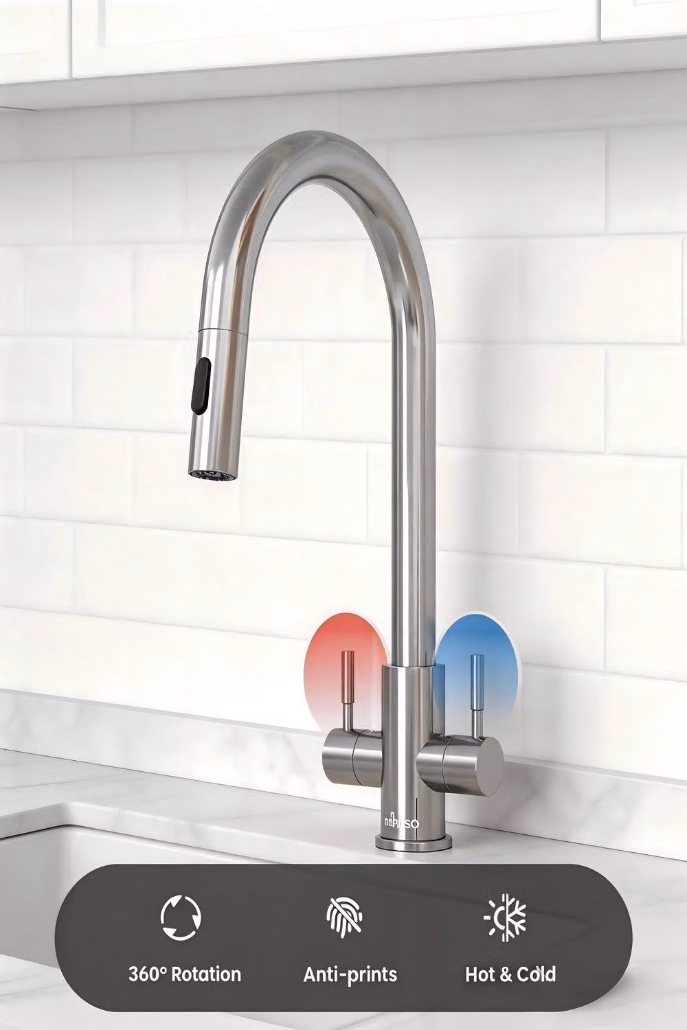 JANLEMNY Polished Chrome Dual Lever Pull-Out Kitchen Mixer Tap in Silver – 2
