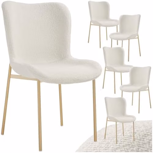 tectake Set of 6 Tessa Scandinavian Style Bouclé Dining Chairs in White with Gold Metal Legs