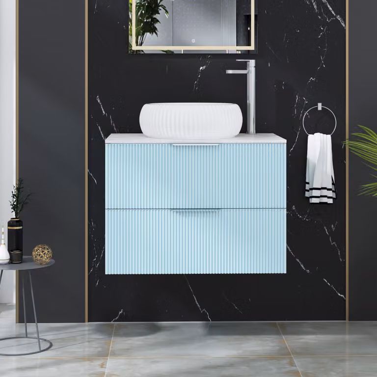 Royal Bathrooms Evora 700mm Powder Blue Fluted Wall Hung Countertop Vanity Unit with 2 Drawers and Milan Basin
