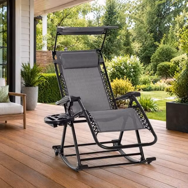 STILVORA Grey Rocking Sun Lounger with Adjustable Canopy, Headrest and Side Tray