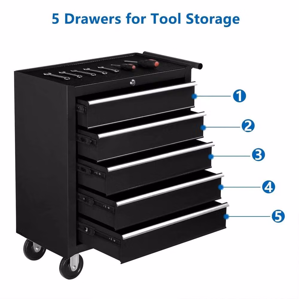 Kelvenix 5-Drawer Steel Tool Storage Cabinet in Black with Lockable and Rollable Design – 5