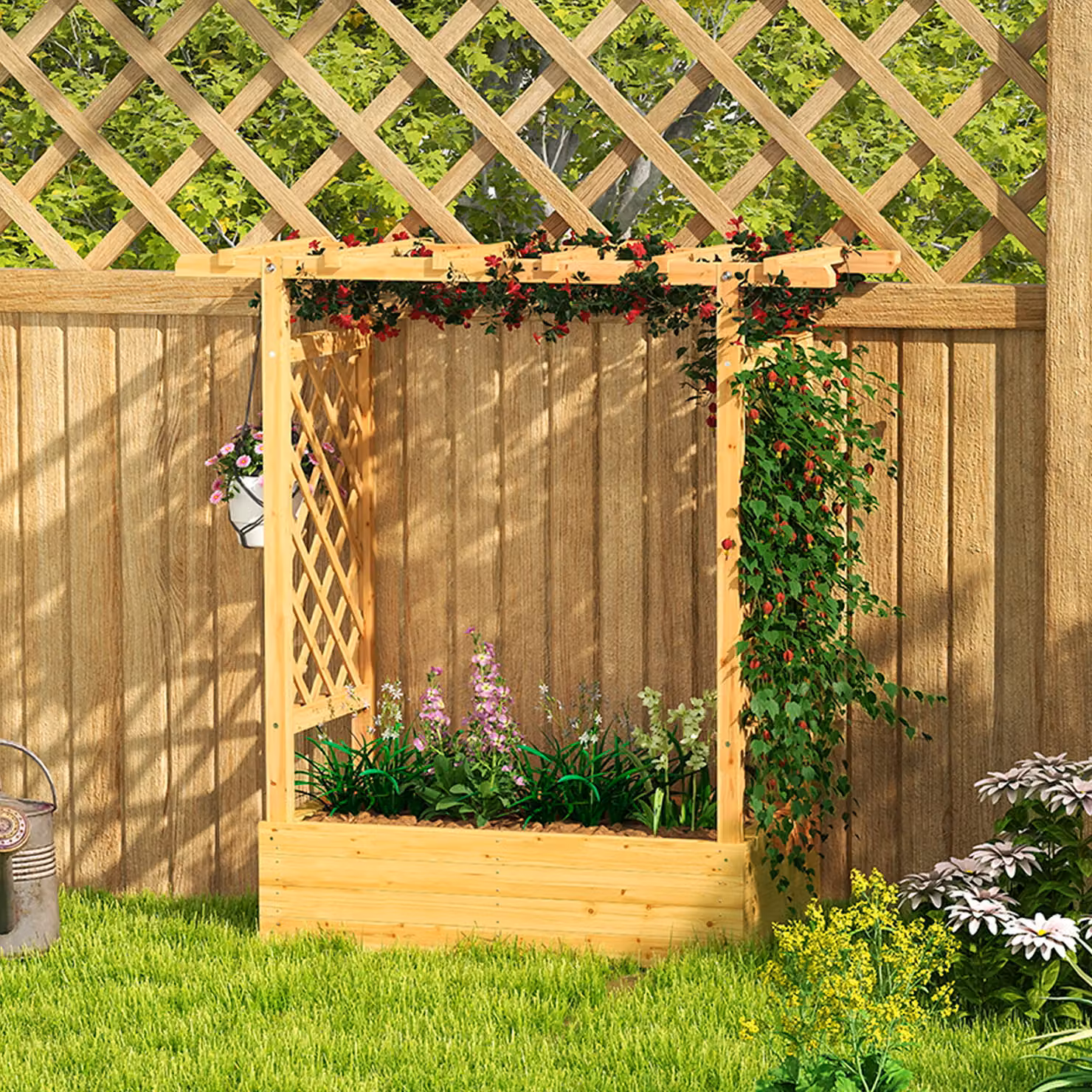 Outsunny Wooden Raised Bed Garden Planter with Trellis in Brown, W/D/H: 110 x 44 x 113 cm – 5