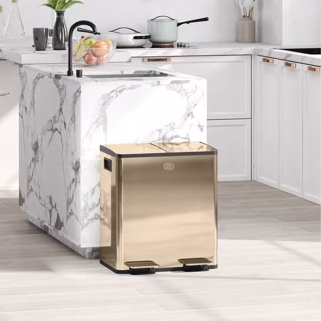 HOMCOM 20L Dual Kitchen Pedal Bin with Removable Inner Buckets and Soft Close Lid, Gold Stainless Steel