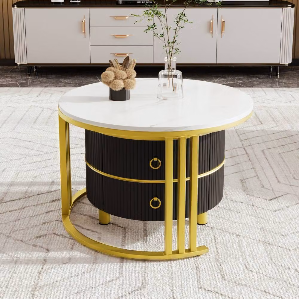 STILVORA Modern Round Coffee Table Set with 2 Drawers in White and Black – 2