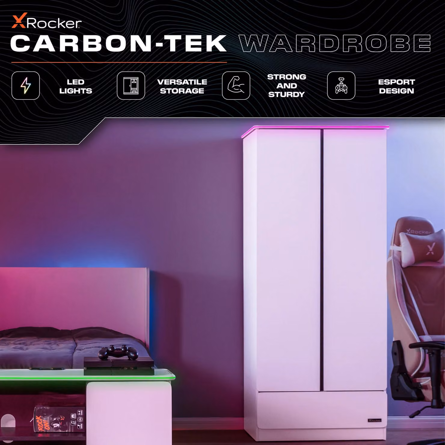 X Rocker Carbon-Tek 2 Door Wardrobe with Drawer and Integrated LED Lighting in White – 2