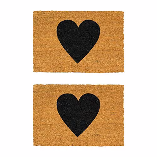Nicola Spring Coir Door Mat Set of 2, Black Heart Design, W: 60 cm, D: 40 cm