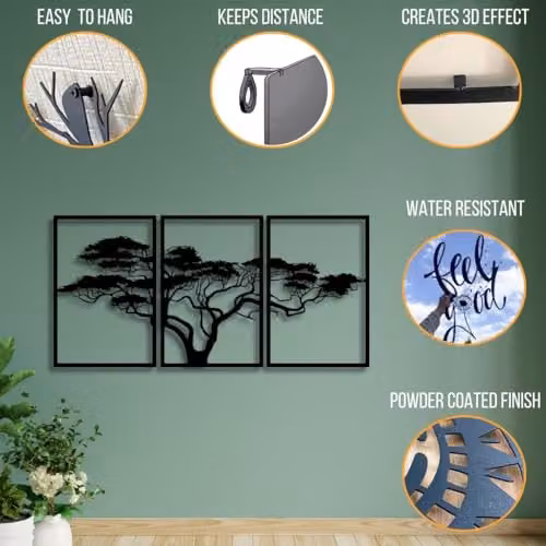 YOUR HOME RULEZ Black Metal African Tree Wall Art, W: 120 cm, H: 74 cm – 4