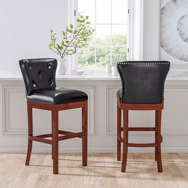 Livingandhome Set of 2 Black Synthetic Leather Padded Bar Stools with Buttoned Back and Rubberwood Frame