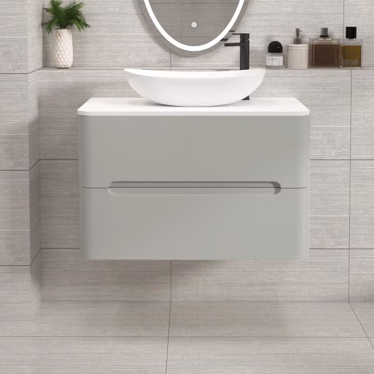 Royal Bathrooms Venice 800mm Wall Hung Vanity Unit in Dove Grey with 2 Drawers, Plain White Worktop and Cesar Basin