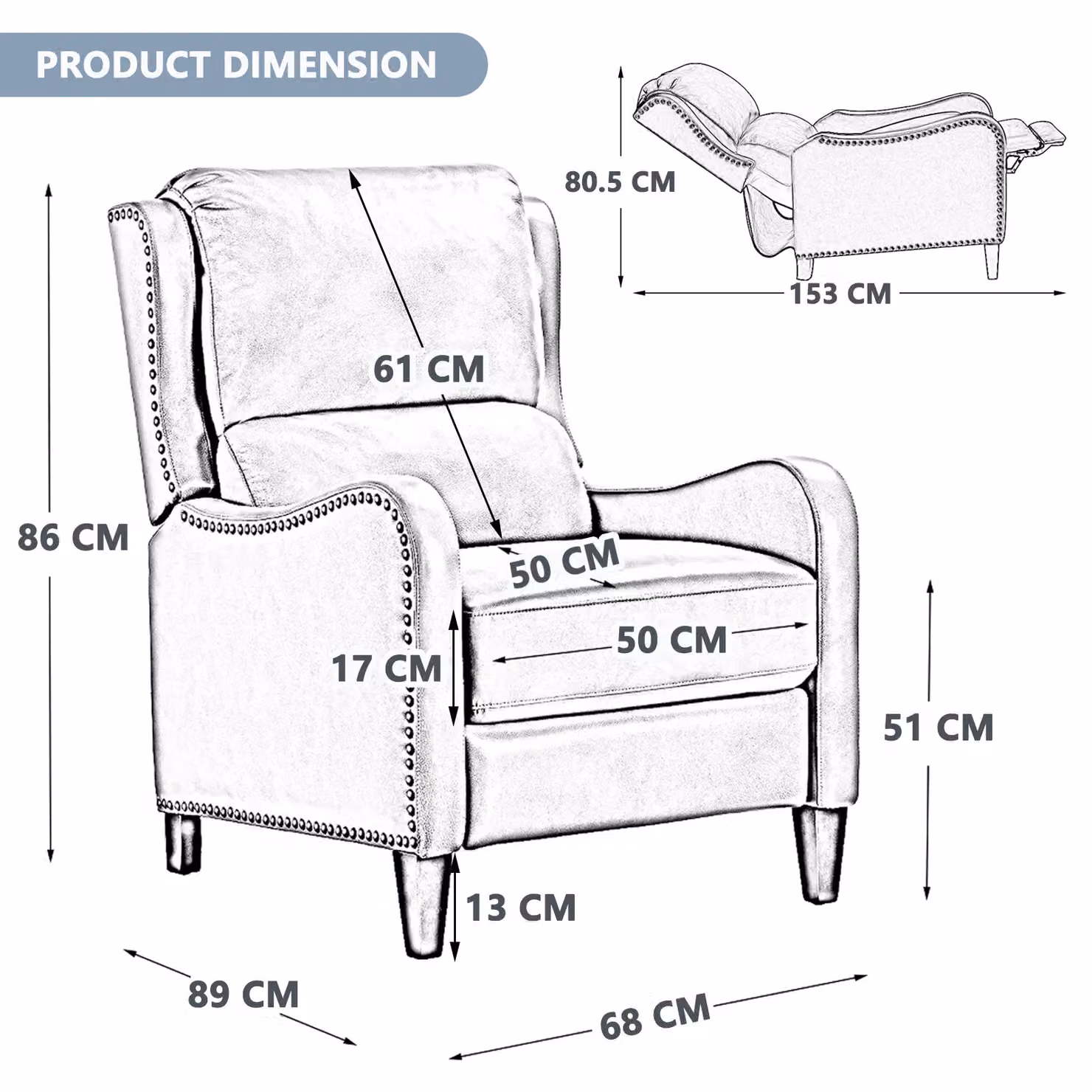 FURNITURE ONE Black PU Leather Push Back Recliner Armchair with Solid Wood Frame – 4