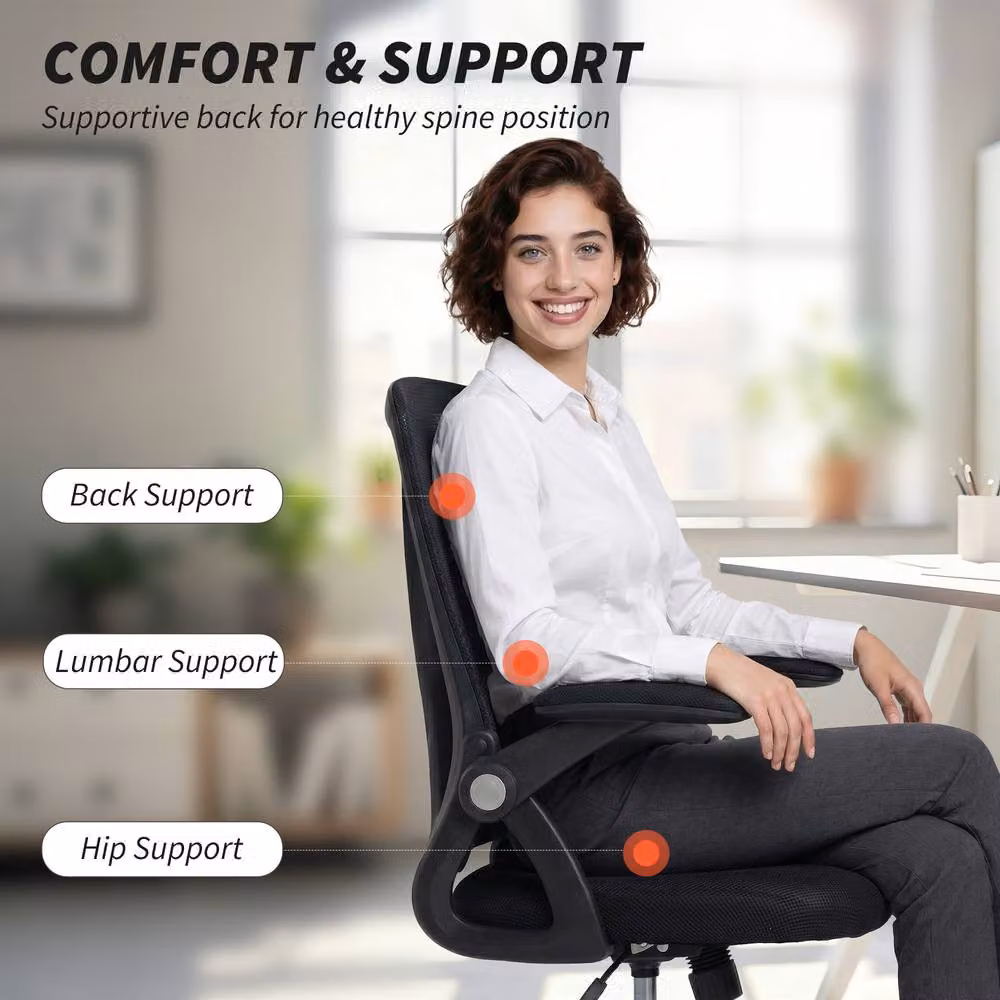 HOMCOM Modern Black Fabric Task Chair with Armrests for Home Office – 3